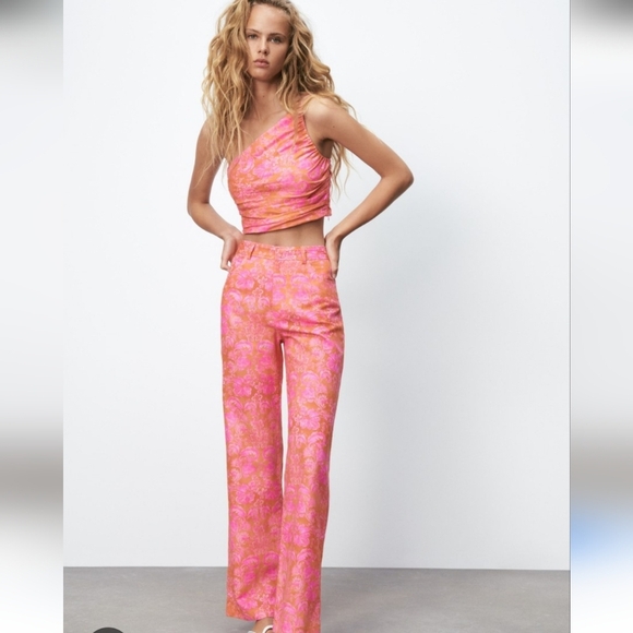 ZARA Vibrant Floral Linen/cotton Trousers In Pink/orange. Size XS - Picture 1 of 13